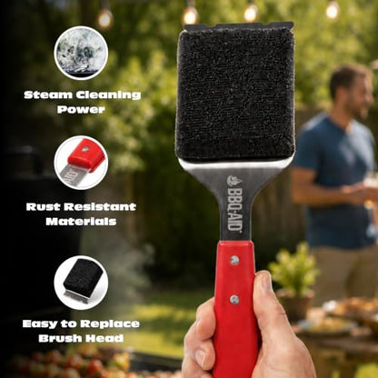 Bristle Free Grill Brush Cleaner and Scraper for Barbecue, Replaceable Head | Safe Bristle-Free Stainless Steel Scrub Pad with Heavy-Duty Scraper & Long Red Handle, Safe on Any Grill Grate - color: Red