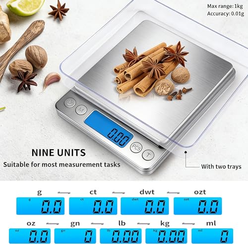 Digital Gram Scale 1000g/0.01g, Scale for Food Ounces and Grams, Upgrade USB Charging Kitchen Scale Digital Weight for Cooking, Baking, Tare Function, 9 Units, 2 Tray - color: Silver