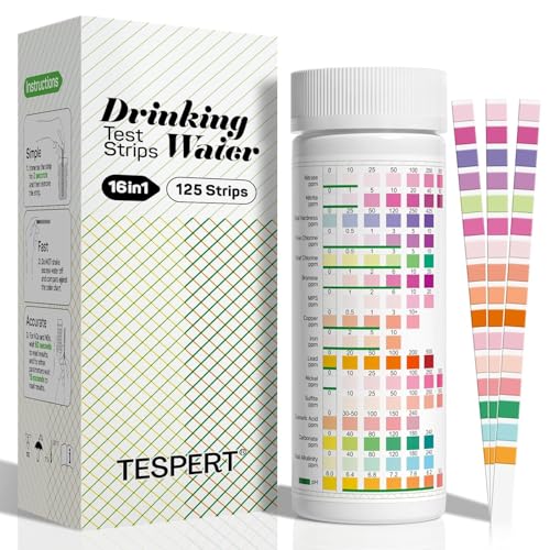 TESPERT Drinking Water Test Strips 125ct 16 in 1 – 30s Quick Screening for Hardness, pH, Iron, Nitrite, Copper, Chlorine, Nitrite, Carbonate,Lead, Alkalinity...Well, Tap, Home, City Water Testing