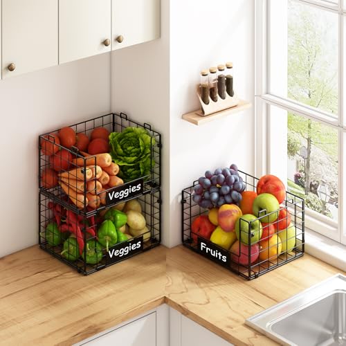JKsmart 3 Pack XL Stackable Wire Baskets for Pantry Organizers and Storage, Fruit Basket for Kitchen Counter with Handle, Muti-Purpose for Snack Organizer & Vegetable Basket & Metal Pantry Bin - size: XL-12.2"x9.85"x21.5"