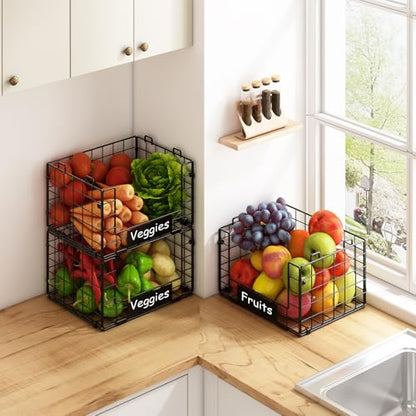 JKsmart 3 Pack XL Stackable Wire Baskets for Pantry Organizers and Storage, Fruit Basket for Kitchen Counter with Handle, Muti-Purpose for Snack Organizer & Vegetable Basket & Metal Pantry Bin - size: XL-12.2"x9.85"x21.5"
