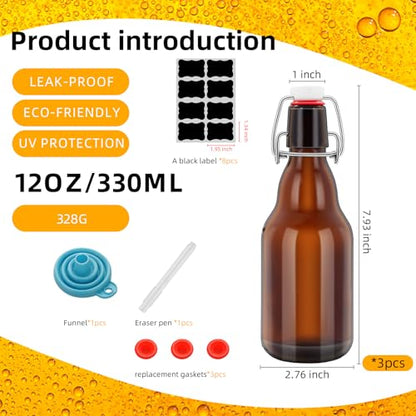 3Pcs Amber Beer Bottles with Flip Caps, 12oz Glass Bottle with Swinging Top for Airtight Lids, Home Brewing and Fermentation Kombucha, Vanilla Extract, Beverage, Water, Kefir