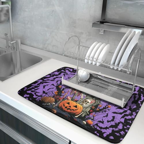 Giwawa Halloween Pumpkin Dish Drying Mat 18x24 inch Spooky Ghost Bat Dish Rack Mats Microfiber Draining Pad Fast Dry Holiday Kitchen Accessories - color: Halloween Purple, size: 18x24 inch