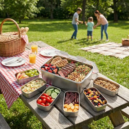 Family Size 304 Stainless Steel Food Storage with 6 Divided Compartments & Individual Lids – 240oz Meal Prep Container for Roasting Turkey, Bread, Fruits – Oven Safe, BPA Free, Dishwasher Safe - size: 7000ml + 6 Small Containers Set