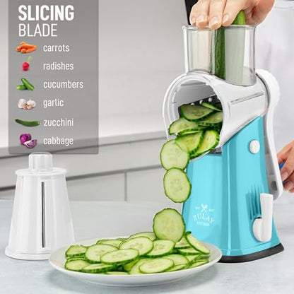 Zulay Kitchen Rotary Cheese Grater 5 Blade Cheese Shredder - Manual Hand Crank Cheese Grater With Reinforced Suction & 5 Interchangeable Drums - Easy to Use, Vegetable Chopper Round Mandoline Slicer - color: White and Light Blue