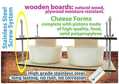 Wooden Cheese Press for Cheese Making Supplies 16in Metal Guides and 2 pcs Cheese Mold with Follower Piston 1.3Qt - large Home Supply Ultimate Cheese Press Machine - Prensa Para Queso Casero