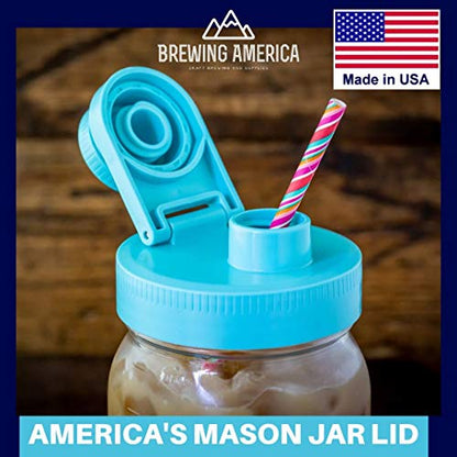 Brewing America Glass Mason Jar Pitcher with Lid, 1 Quart (32 oz) with Teal Wide Mouth Pour Lid, for Smoothie, Boba Cup, Sun Tea, Cold Coffee Glass Tumbler, 2-Pack - color: Teal