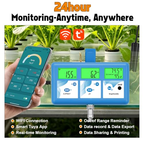 YINMIK pH EC Monitor for Water Hydroponics,WiFi pH ppm Tester for Nutrients | 24-hour monitoring via Tuya; multiple users; reminder when outside range; support sharing&printing; for all hydroponic system