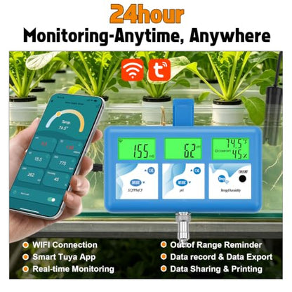 YINMIK pH EC Monitor for Water Hydroponics,WiFi pH ppm Tester for Nutrients | 24-hour monitoring via Tuya; multiple users; reminder when outside range; support sharing&printing; for all hydroponic system
