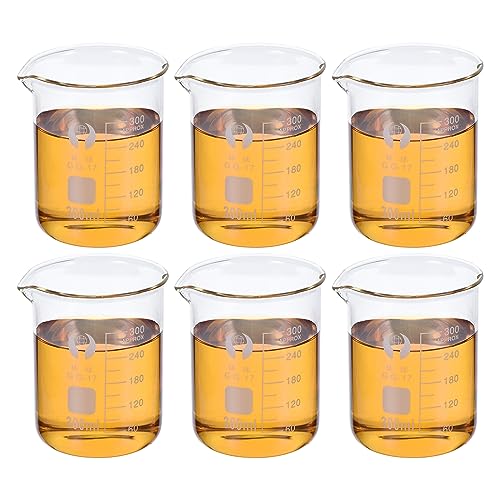PATIKIL 300ml Low Form Glass Beaker, 6 Pack 3.3 Borosilicate Glass Graduated Printed Scale Measuring Cups with Spout for Kitchen Lab Liquids - size: 300ml