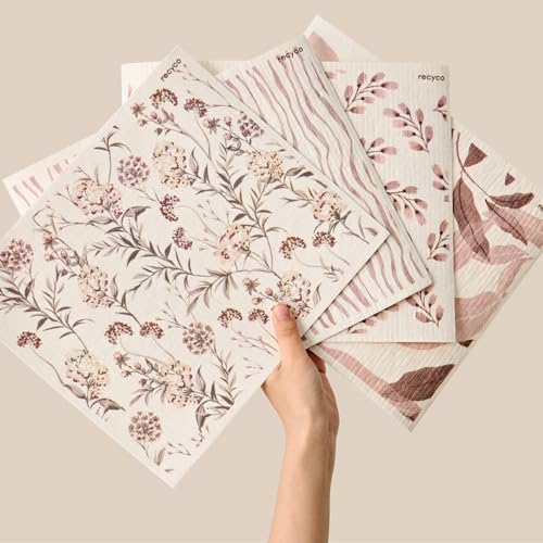 RECYCO Swedish Dishcloths for Kitchen | 4 Pack Oversized Washable Dish Rags | Large Cellulose Reusable Cleaning Paper Towels | Absorbent Counter Dish Cloth Sponge XL Kitchen Wipes, 12" L x 10" W - color: Watercolor Florals Terracotta - Xl 4 Pack