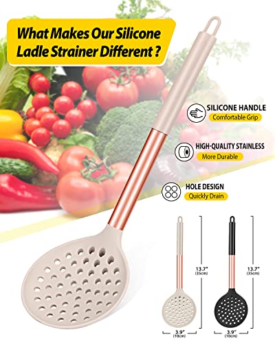 Kitchen Ladle Strainer Set of 2 Large Slotted Spoon with High Heat Resistant BPA Free Non Stick Cooking Skimmers For Draining and Frying - color: Rose Gold Black and Khaki