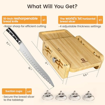 Piklohas Bread Slicer With Bread knife, World's 1st Horizontal Bread Cutter for Homemade Bread, 4 Thickness Adjustable, Paired With Multifunction Serrated Knife for Efficient Slicing, Baking Gifts - size: 10-Inch Bread Knife & Slicer