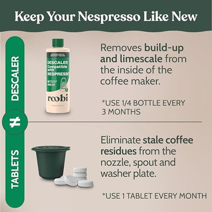 Roobi Descaling and Cleaning Kit Compatible with Nespresso Originaline. Includes 1 Bottle of Descaling Solution, 12 Cleaning Tablets and 1 Reusable Pod. Carbon Neutral. 1 Year Supply. - style: Descaling & Cleaning Kit