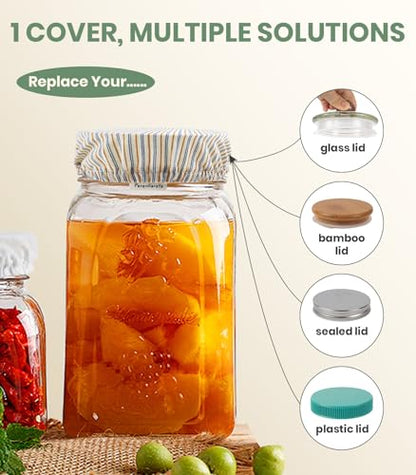 Cloth Kefir Lid Cover for Wide Mouth Mason Ball Jar | Breathable Cotton Replacement Top for Kombucha Brewing Gallon Glass Weck Canning Quart Jar | Sourdough Starter Making Fermentation Fabric Cap - style: Blue Striped Cotton