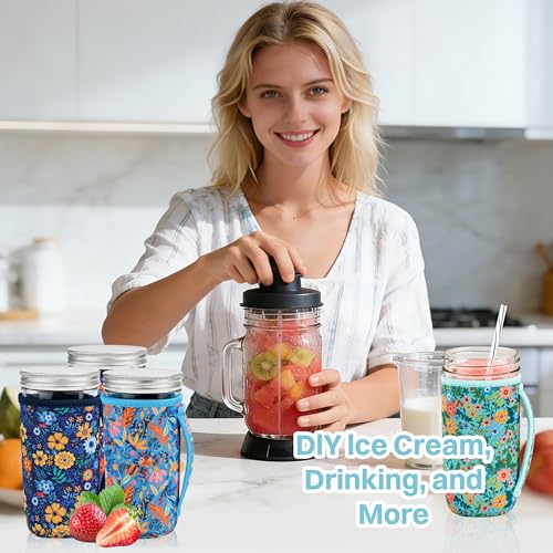 KJQJLY 4 Pcs Mason Jars Sleeves Neoprene 24oz Regular and Wide Mouth Mason Jar Sleeves Holder with Handle (Flowers, 24 OZ) - color: Flowers, size: 24 OZ