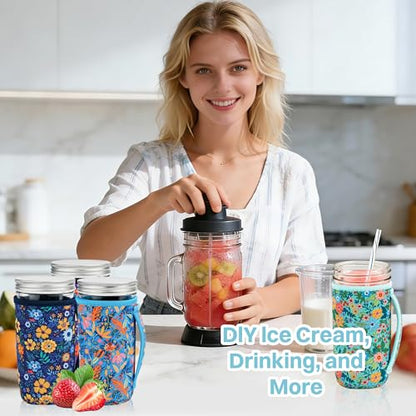 KJQJLY 4 Pcs Mason Jars Sleeves Neoprene 24oz Regular and Wide Mouth Mason Jar Sleeves Holder with Handle (Flowers, 24 OZ) - color: Flowers, size: 24 OZ