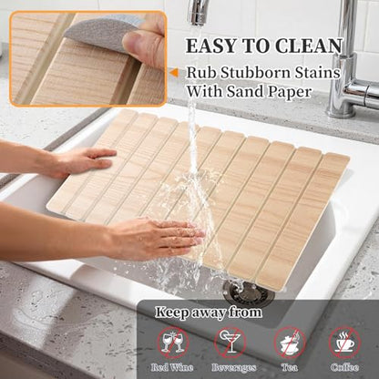Diatomaceous Stone Drying Mat for Kitchen Counter with Sink Faucet Mat, Wooden Parrten Design Absorbent Quick Dry Dish Drying Mat Set, Diatomite Stone Slat Countertop Pad for Dishes, Cups - color: Wood