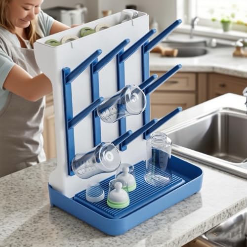 Baby Bottle Drying Rack, Countertop Bottle Dryer, Cup Drying Rack, for 12Pc Bottles and Accessories,Pump Parts,Pacifiers,for Small Water Cup,Vitality Blue, Free Small Brush for Cleaning