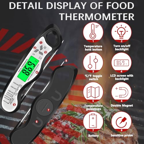 Meat Thermometer Digital，IP67 Waterproof Cooking Thermometer with Backlight, Calibration & Hold Function，Food Thermometer for Cooking,Outdoor Grilling - color: White