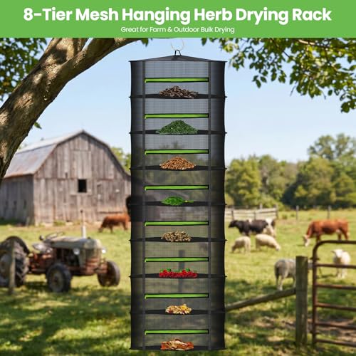MEKOLIFE Herb Drying Rack Hanging-8 Layer, Collapsible Large Capacity Mesh Net with Green Zipper, Hooks & Bonus Garden Scissors, for Fresh Herbs/Flowers/Plants, Indoor Outdoor Use (23.62") - size: 8 Layers