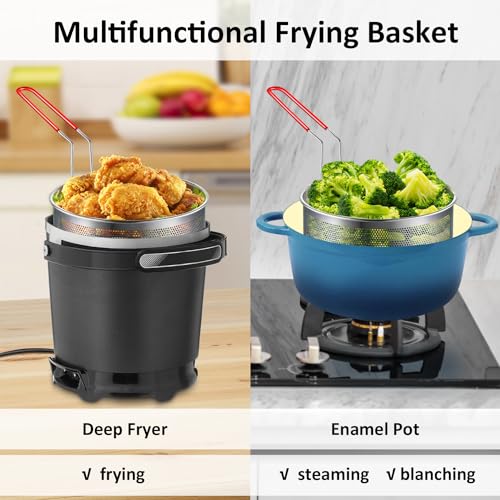 Yimi 7 inch Deep Fryer Basket 304 Stainless Steel for Frying French Fries | 7''x4.1'' Colander with Heat Resistant Silicone Handle, Stainless Steel for Cooking Noodles Vegetables, 2.3-Quart - size: 7'' Deep Fry Basket