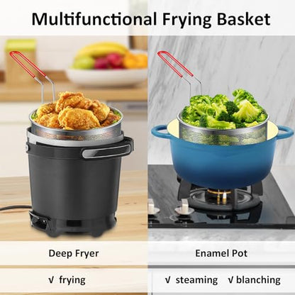 Yimi 7 inch Deep Fryer Basket 304 Stainless Steel for Frying French Fries | 7''x4.1'' Colander with Heat Resistant Silicone Handle, Stainless Steel for Cooking Noodles Vegetables, 2.3-Quart - size: 7'' Deep Fry Basket