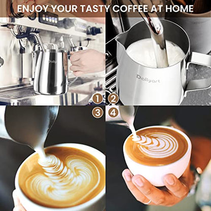 Milk Frother Cup, Dailyart 304 Stainless Steel Milk Frothing Pitcher with Thermometer - Milk Pitcher with Scale Espresso Machine Accessories for Coffee, Cappuccino, Espresso, Latte Art (600ml/20oz) - size: 20.3 Ounces