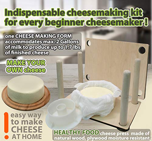 Wooden Cheese Press for Cheese Making Supplies 12 in Wooden Guides and Cheese Mold with Follower Piston 1.3 Qt - Small Home Supply Ultimate Cheese Press Machine - Prensa Para Queso Casero