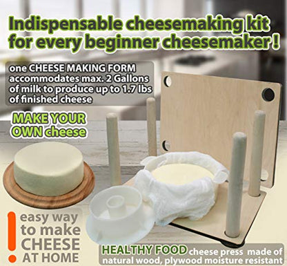 Wooden Cheese Press for Cheese Making Supplies 12 in Wooden Guides and Cheese Mold with Follower Piston 1.3 Qt - Small Home Supply Ultimate Cheese Press Machine - Prensa Para Queso Casero