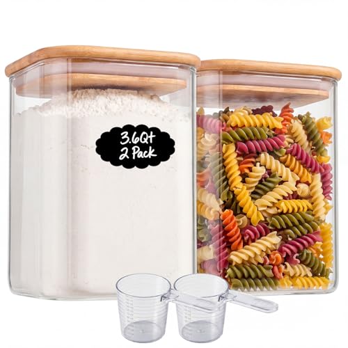 2-Pack 3.4Qt Large Glass Flour Sugar Storage Containers with Lids | Wide Mouth Design, With Measuring Cups, Minimalist Kitchen Organizer,Scandinavian Style Storage,Nordic Style Storage - size: 3.6Qt*2
