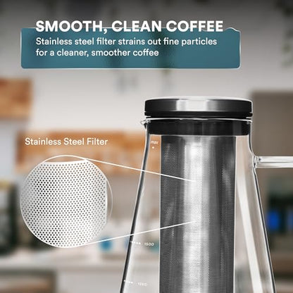OVALWARE Airtight Cold Brew Iced Coffee Maker Pitcher (& Iced Tea Maker) with Spout – 1.5L/ 51oz Brewing Glass Carafe with Removable Stainless Steel Filter - size: 51 Ounces