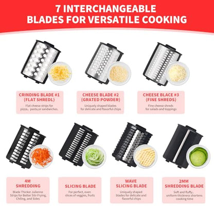 Electric Cheese Grater 250W, 7-in-1 Salad Maker & Vegetable Slicer Shredder with Widened Feeding Port for Block Cheese, Carrots, Potatoes & Fruits, Professional Food Grating Machine