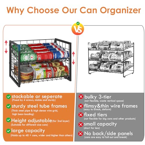 X-cosrack 2 Packs Stackable Can Rack Organizer for Pantry, 2-Tier Sturdy Adjustable Pantry Can Storage Organizer for Canned Food Can Goods, Kitchen Can Dispenser Holder for Soda Drinks Snack, Black - size: 2 Tier -2 Packs