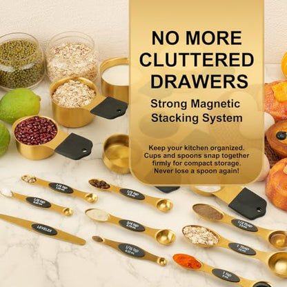 Gold Magnetic Measuring Cups & Spoons Set of 16, 7 Stainless Steel Measuring Cups, 8 Double-Sided Measuring Spoons & 1 Leveler, Premium Finish Baking Tools Kitchen Gadget for Dry & Liquid Ingredients - color: Gold
