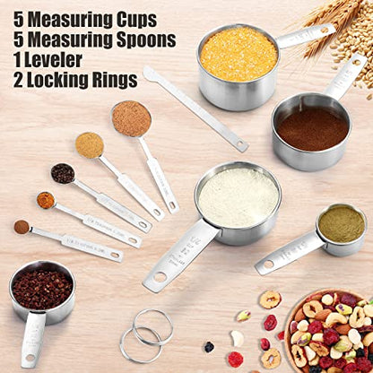 11 PCS Stainless Steel Measuring Cups Spoons Set, 5 Nesting Cups and 5 Stackable Spoons with 1 Leveler Measuring Tools Set for Dry Liquid Ingredients Cooking Baking