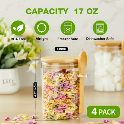 Mfacoy Set of 4 Airtight Glass Jars with Bamboo Lids & Spoons, 17 oz Borosilicate Overnight Oats Containers with Lids, Clear Food Storage Canister for Cookie, Candy, Coffee, Sugar, Matcha Tea, Flour