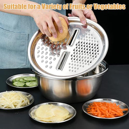 Germany Multifunctional Stainless Steel Basin, 3 in 1 Multifunctional Stainless Steel Basin Strainer Set, Kitchen Grater Set, Strainer and Drain Basket for Vegetables 11.02inch - color: 11.02inch