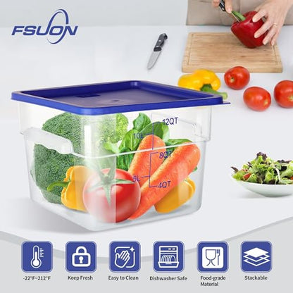 4 Pack 12 Qt Square Polycarbonate Food Storage Containers with Lids | Clear BPA-free PC with lids, side handles, measurement scale and stackable design; for food prep, storage and freezer use. - color: 12Qt