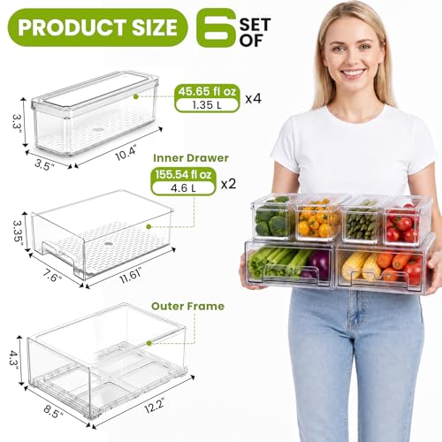 6Pack Fridge Organizers and Storage,Stackable Fridge Organizer Bins with Lids, 2 Pull Out Fridge Organizers and 4 Storage Container with Drain Tray for Fruits, Vegetables, Drinks, Snack and Food