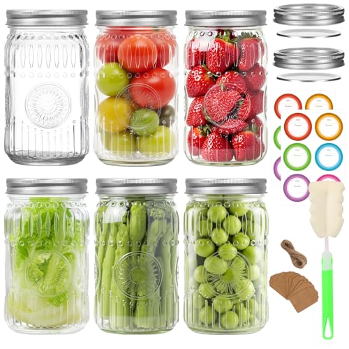 32oz Wide Mouth Mason Jars 6 Pack with Extra 2 Lids, Tags & Twine | Quart Glass Canning Jars with Airtight Lids for Overnight Oats, Pickling, Food Storage, DIY Crafts, Wedding Favors - color: Clear-32oz 6pcs