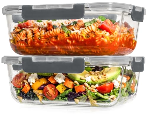 Razab 2 Pcs 1860ml / 63 Oz Large Glass Food Storage Containers with Lids - Glass Meal Prep Containers with Locking Lids for Roasting, Storing Leftover, Lunch Container, BPA Free, Microwave & Oven Safe - color: Gray