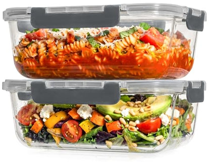 Razab 2 Pcs 1860ml / 63 Oz Large Glass Food Storage Containers with Lids - Glass Meal Prep Containers with Locking Lids for Roasting, Storing Leftover, Lunch Container, BPA Free, Microwave & Oven Safe - color: Gray