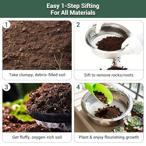 5-Piece Stainless Steel Soil Sifter Set with 1/3/6/9/12mm Mesh Screens - Heavy Duty Garden Sifter for Composting, Potting Mix & Seed Starting - Rust-Proof Soil Sieve & Sifting Pan