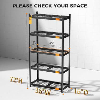 CAMMOO 36''W Storage Shelves, 3500LBS Metal Garage Shelving Unit with Magnetic Lable, Upgraded Structure, Solid Steel, Heavy Duty Adjustable 5 Tier Wire Shelf for Basement, Kitchen, 36"W x 16"D x 72"H - size: 36"W x 16"D x 72"H
