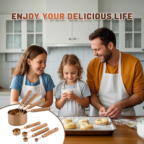 Premium Measuring Cups and Spoons Set with Wood Handle 8PCS | Stainless Steel Liquid and Dry Measuring Cup Set for Baking, Cooking, Coffee with Ergonomic Grip & Engraved Markings (Bronze) - color: Bronze8