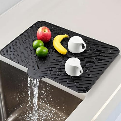 Silicone Dish Drying Mat 23x17,Food-Grade Silicone,Easy Clean Pad for Countertop Protection,Heat Resistant,Easy Clean,Non-Slip Drain Pad with Built-in Drain,Multi-Functional Use,Black - color: Black, size: 23" x 17"