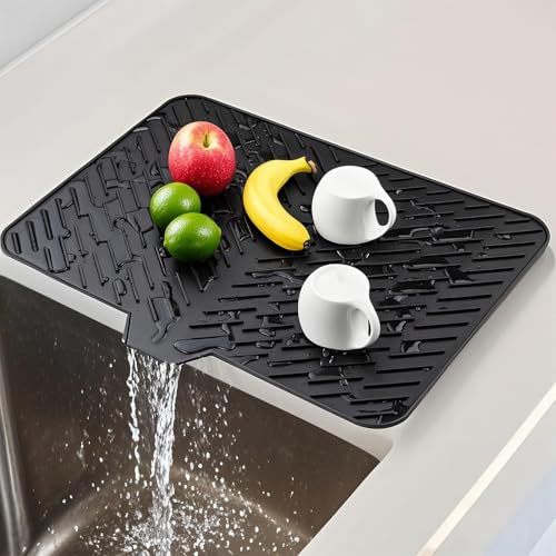 Silicone Dish Drying Mat 23x17,Food-Grade Silicone,Easy Clean Pad for Countertop Protection,Heat Resistant,Easy Clean,Non-Slip Drain Pad with Built-in Drain,Multi-Functional Use,Black - color: Black, size: 23" x 17"