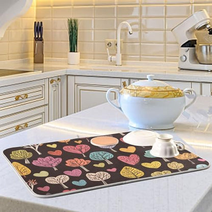 Heart Trees Leaves Dish Drying Mat for Kitchen Counter Super Absorbent Draining Mat with Non-slip Backed Sink Tray Mat for Draining Racks Countertops Sinks Dish Bottles Cups Bowl