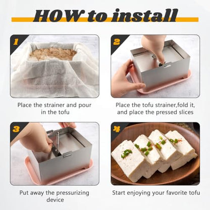 Stainless Steel Tofu Press & Paneer Maker with Presser Towel and Drip Tray for Homemade Tofu (6.3x4.72inch),Effortless Water Removal for Enhanced Texture & Flavor